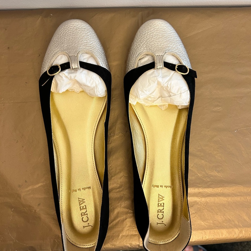 J. Crew silver/white leather and Black suede Women's ballet flats